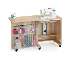Meuble de couture Tailormade Compact Chêne - ouvert, plateaux déployés