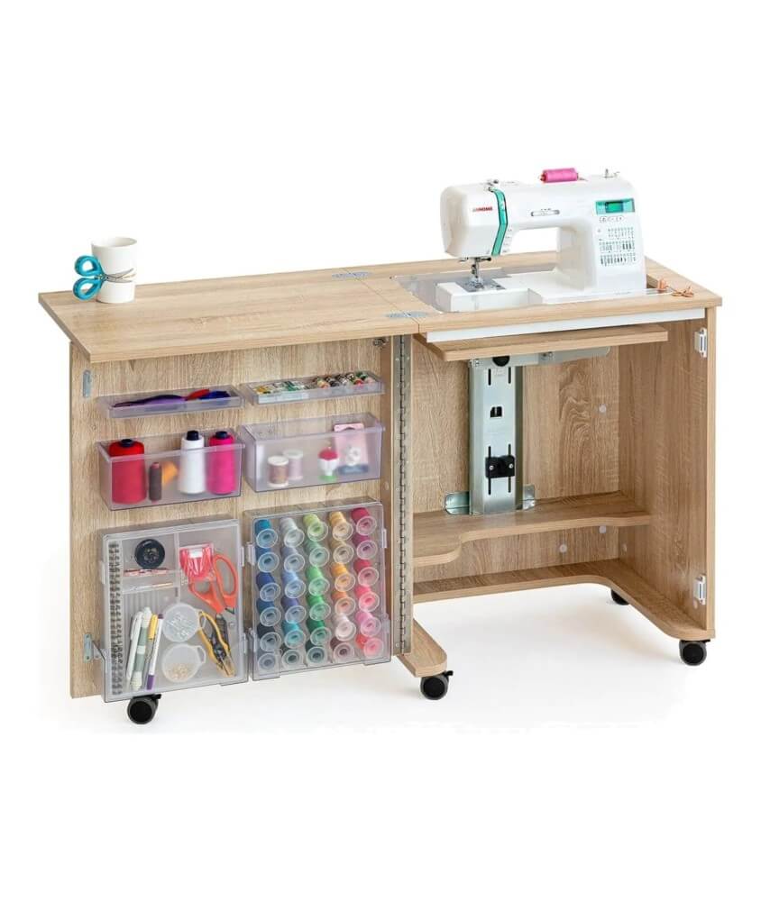 Meuble de couture Tailormade Compact Chêne - ouvert, plateaux déployés