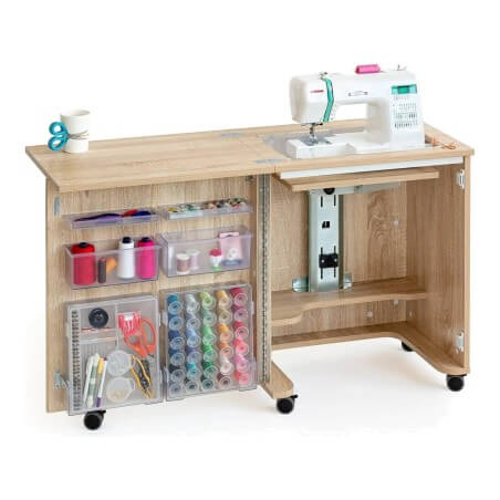 Meuble de couture Tailormade Compact Chêne ouvert avec machine à coudre