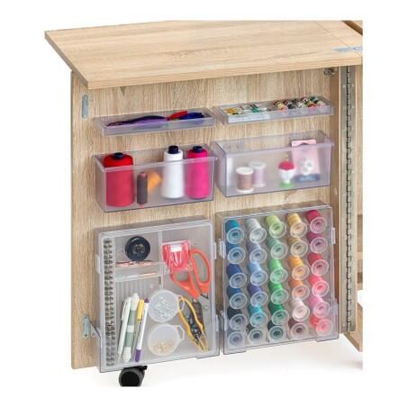 Meuble de couture Tailormade Compact, rangements transparents dans la porte