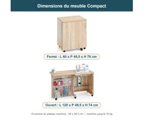 Meuble de couture Tailormade Compact Chêne - dimensions fermé et ouvert