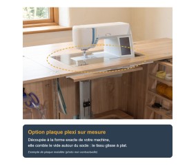 Meuble de couture Tailormade Compact Chêne - option plaque plexi sur mesure, exemple de plaque installée