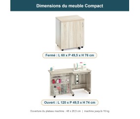 Meuble de couture Tailormade Compact Chêne gris - dimensions fermé et ouvert