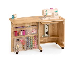 Meuble de couture Tailormade Compact Hêtre - ouvert, plateaux déployés