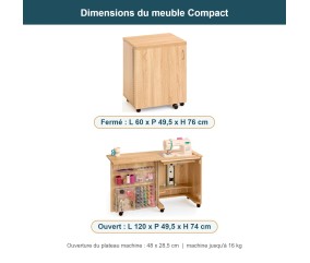 Meuble de couture Tailormade Compact Hêtre - dimensions fermé et ouvert