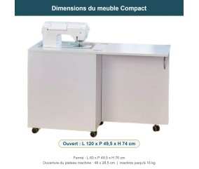 Meuble de couture Tailormade Compact Blanc - dimensions fermé et ouvert