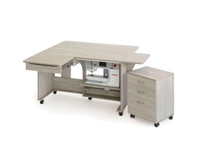 Meuble de couture Tailormade Quilter's Dream Chêne gris - ouvert, plateaux déployés