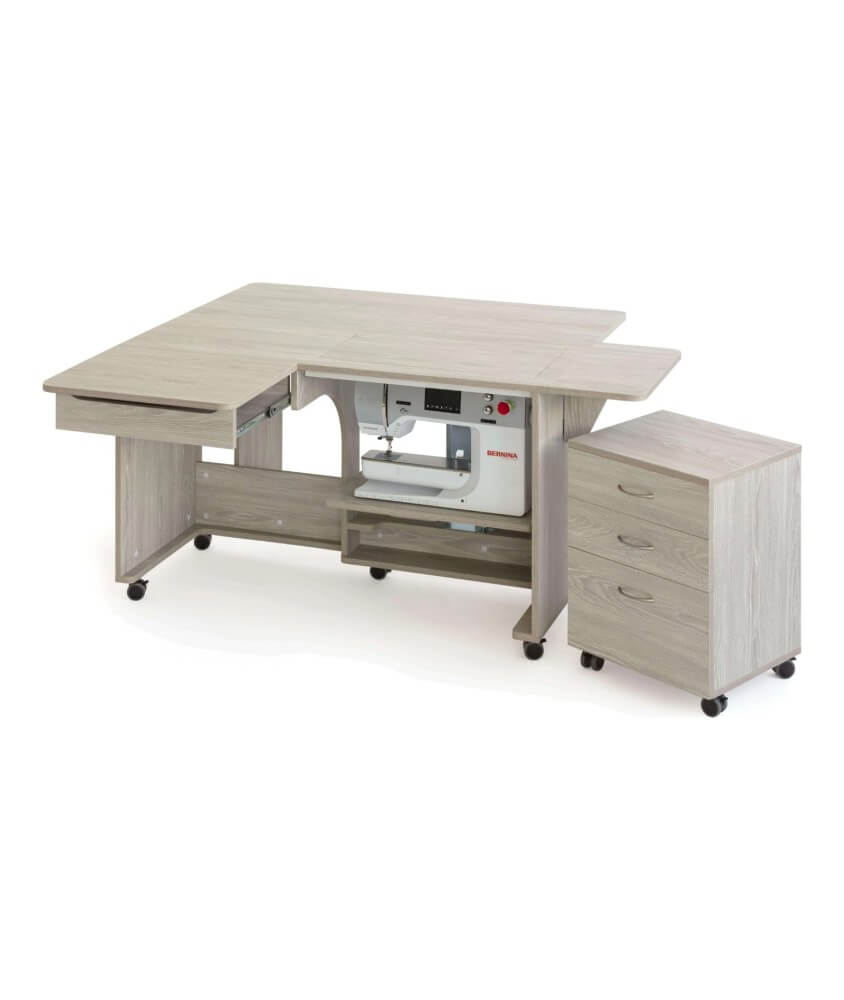 Meuble de couture Tailormade Quilter's Dream Chêne gris - ouvert, plateaux déployés