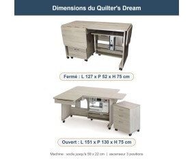 Meuble de couture Tailormade Quilter's Dream Chêne gris - dimensions fermé et ouvert
