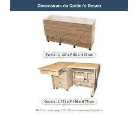 Meuble de couture Tailormade Quilter's Dream Chêne - dimensions fermé et ouvert