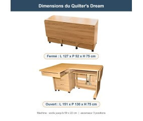 Meuble de couture Tailormade Quilter's Dream Hêtre - dimensions fermé et ouvert