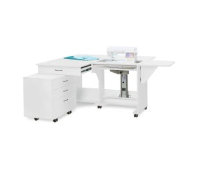 Meuble de couture Tailormade Quilter's Dream Blanc - ouvert, plateaux déployés