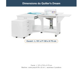 Meuble de couture Tailormade Quilter's Dream Blanc - dimensions fermé et ouvert