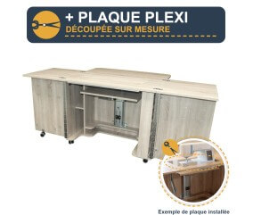 Meuble de couture Tailormade Duo Chêne gris + plaque plexi sur mesure - option découpée à la forme de votre machine