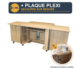 Meuble de couture Tailormade Duo Chêne + plaque plexi sur mesure - option découpée à la forme de votre machine