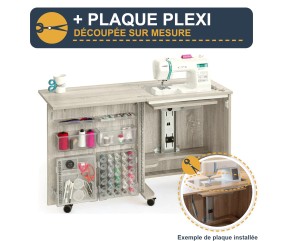 Meuble de couture Tailormade Compact Chêne gris + plaque plexi sur mesure - option découpée à la forme de votre machine