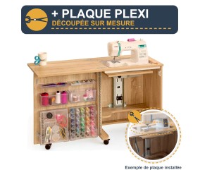 Meuble de couture Tailormade Compact Hêtre + plaque plexi sur mesure - option découpée à la forme de votre machine