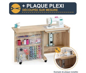 Meuble de couture Tailormade Compact Chêne + plaque plexi sur mesure - option découpée à la forme de votre machine