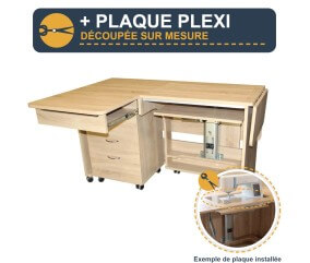 Meuble de couture Tailormade Quilter's Dream Chêne + plaque plexi sur mesure - option découpée à la forme de votre machine