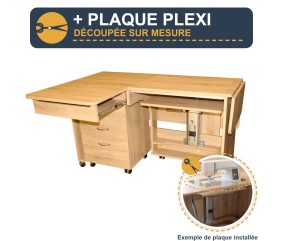 Meuble de couture Tailormade Quilter's Dream Hêtre + plaque plexi sur mesure - option découpée à la forme de votre machine