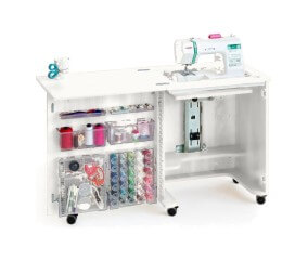 Meuble de couture Tailormade Compact Blanc - ouvert, plateaux déployés