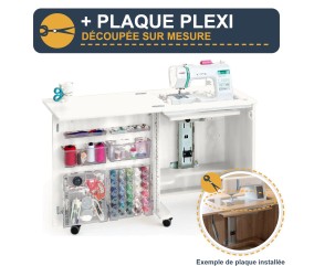 Meuble de couture Tailormade Compact Blanc + plaque plexi sur mesure - option découpée à la forme de votre machine