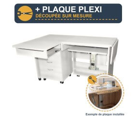 Meuble de couture Tailormade Quilter's Dream Blanc + plaque plexi sur mesure - option découpée à la forme de votre machine