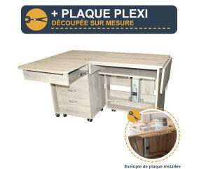 Meuble de couture Tailormade Quilter's Dream Chêne gris + plaque plexi sur mesure - option découpée à la forme de votre machine