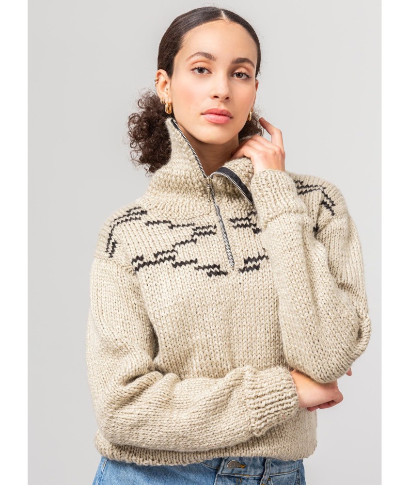 Patron gratuit Pull jacquard col camionneur zippé Agathe