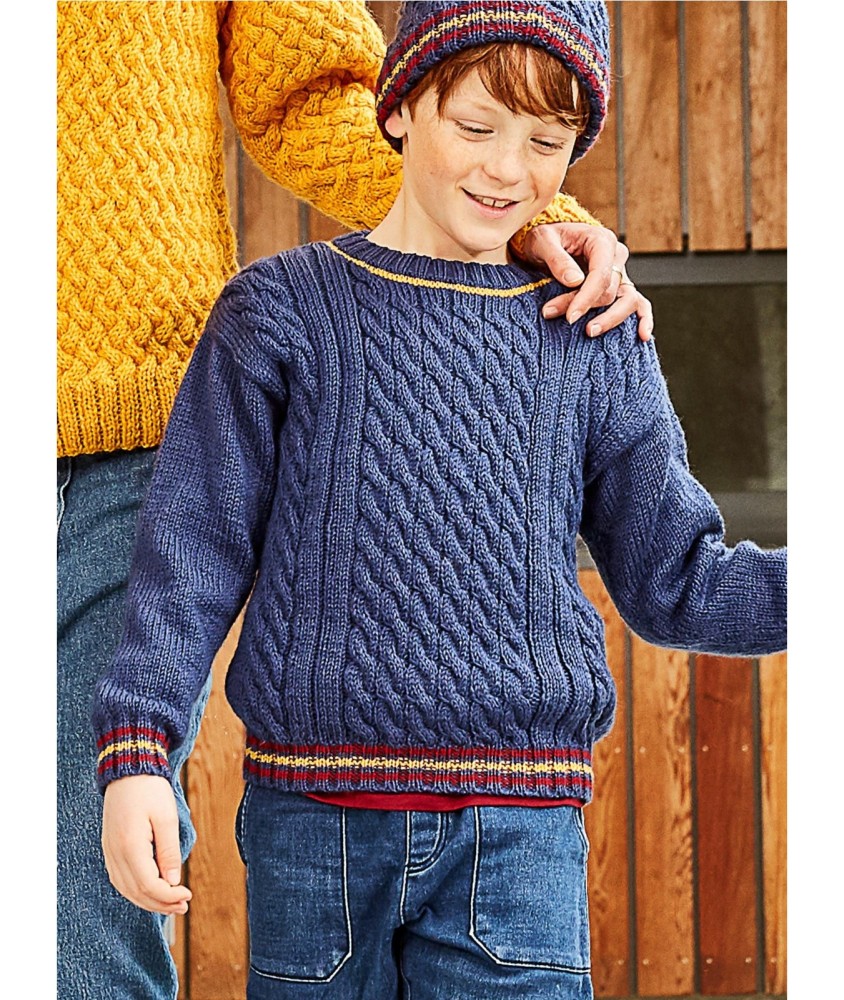 Patron tricot gratuit Pull à torsades bordures rayées