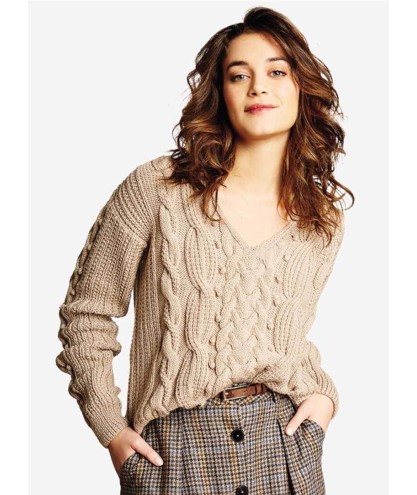 Patron tricot gratuit Pull à torsades et nopes col V