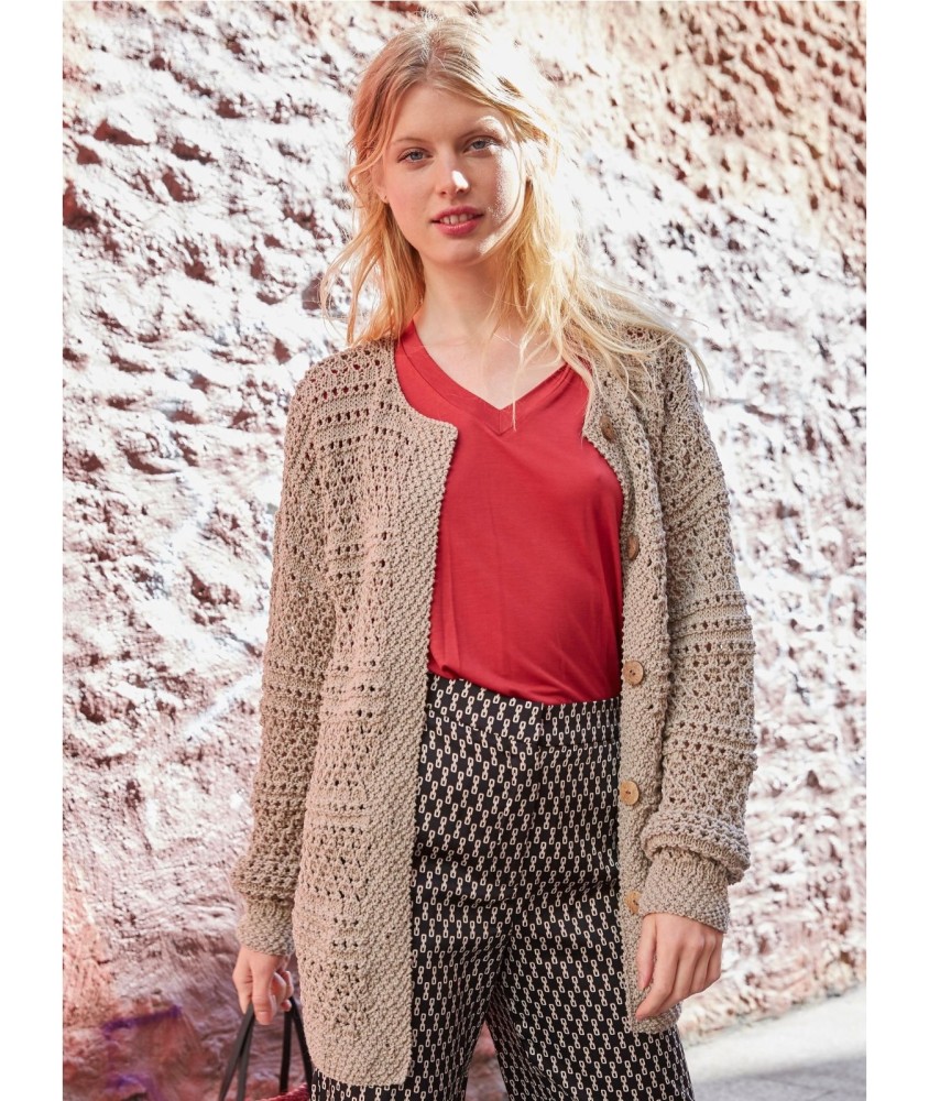Patron tricot gratuit Veste longue ajourée col rond
