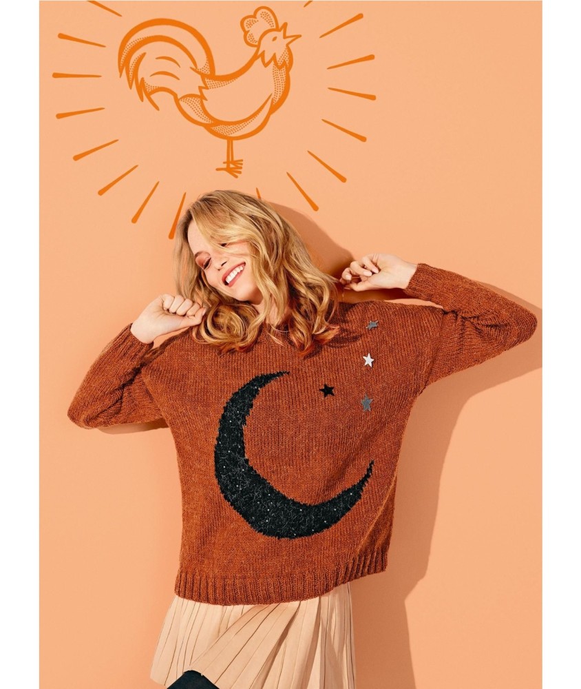 Patron gratuit Pull col rond jacquard lune Florence