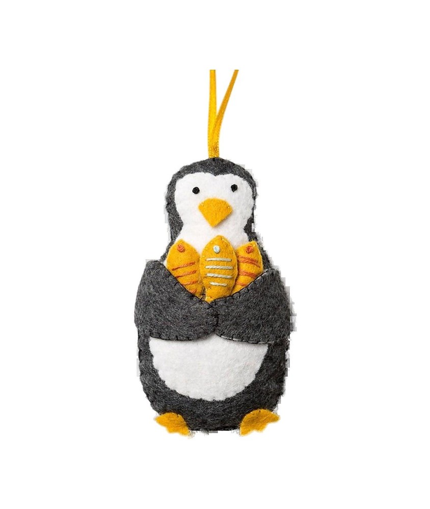 Mini kit feutrine Corinne Lapierre - Pingouin aux poissons - présentation sur fond blanc