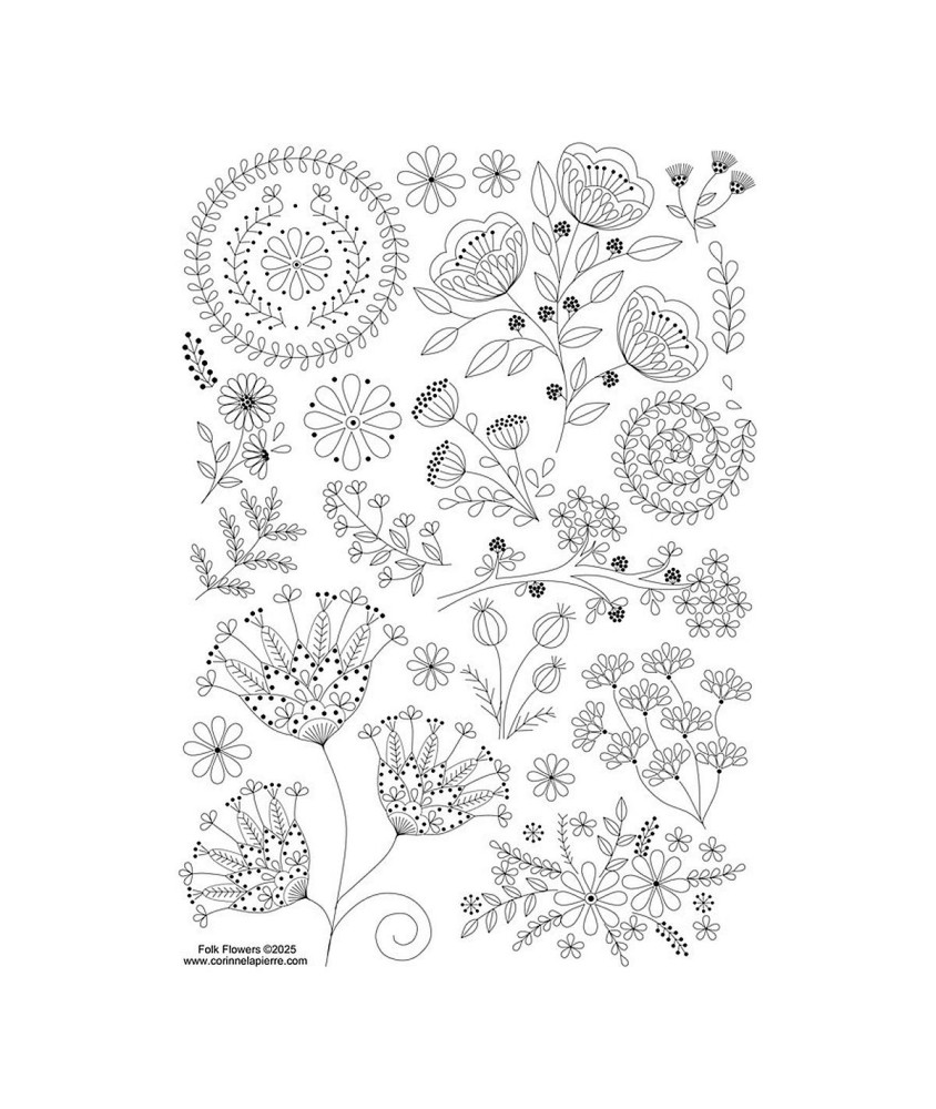 Motifs broderie sur vêtement Corinne Lapierre - Fleurs folk - planche de motifs sur fond blanc