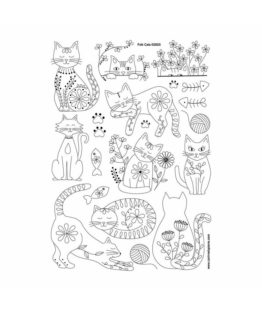 Motifs broderie sur vêtement Corinne Lapierre - Chats folk - planche de motifs sur fond blanc