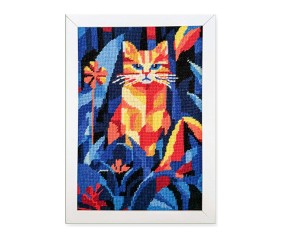 Kit canevas complet avec fils - Chat nocturne 20 x 30 cm - canevas encadré sur fond blanc