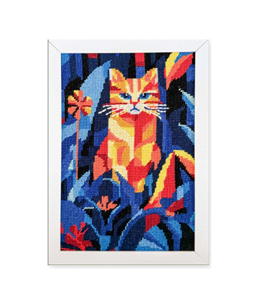 Kit canevas complet avec fils - Chat nocturne 20 x 30 cm - canevas encadré sur fond blanc