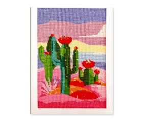 Kit canevas complet avec fils - Le rivage des cactus 20 x 30 cm - canevas encadré sur fond blanc