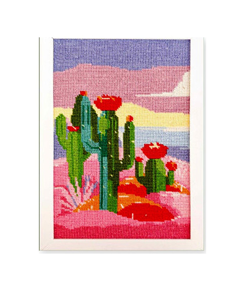 Kit canevas complet avec fils - Le rivage des cactus 20 x 30 cm - canevas encadré sur fond blanc