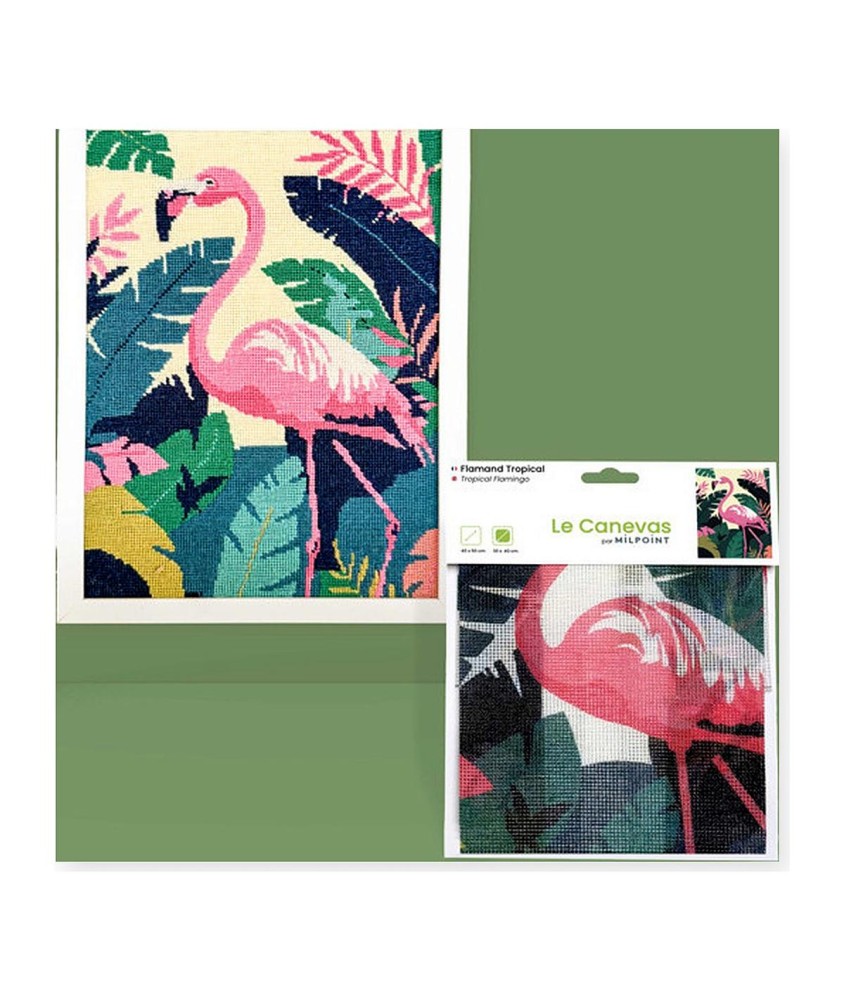 Kit canevas complet avec fils - Flamant tropical 30 x 40 cm - canevas encadré sur fond blanc
