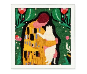 Kit canevas complet avec fils - Le baiser félin 30 x 30 cm - canevas encadré sur fond blanc