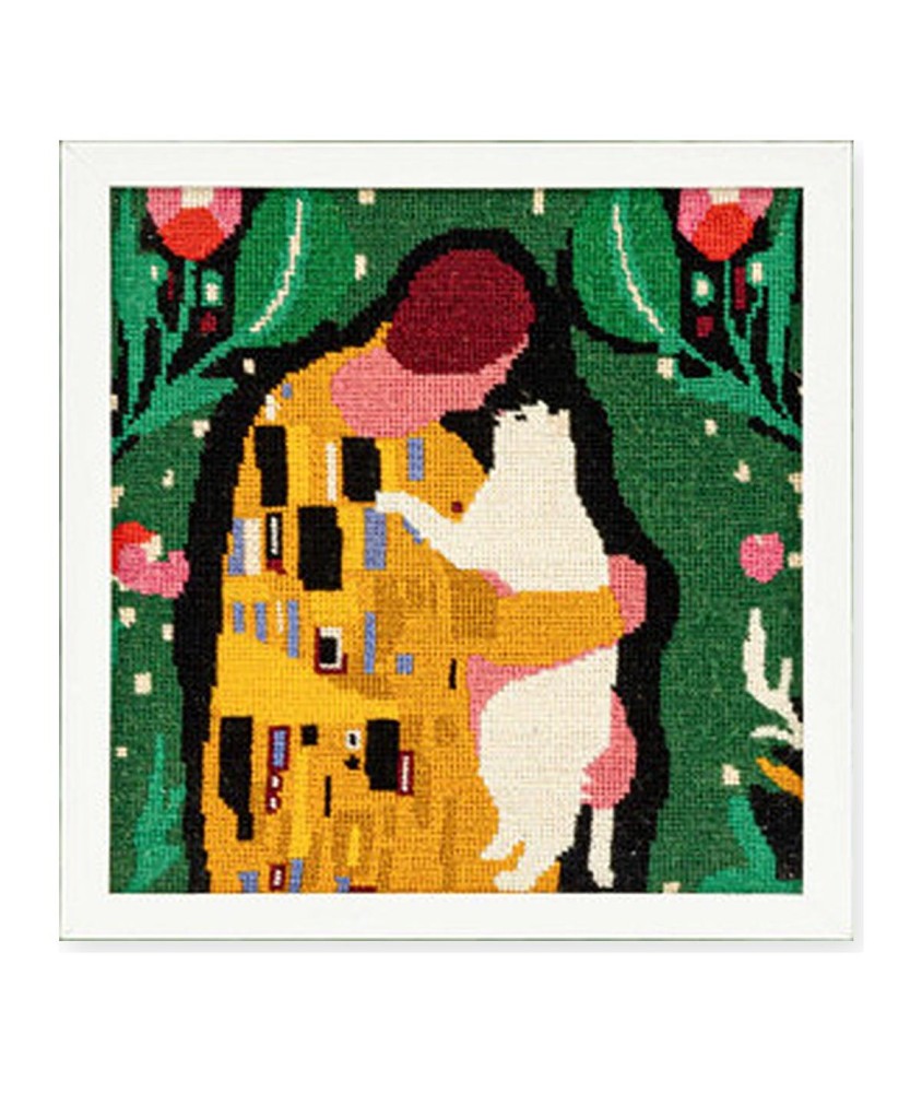 Kit canevas complet avec fils - Le baiser félin 30 x 30 cm - canevas encadré sur fond blanc