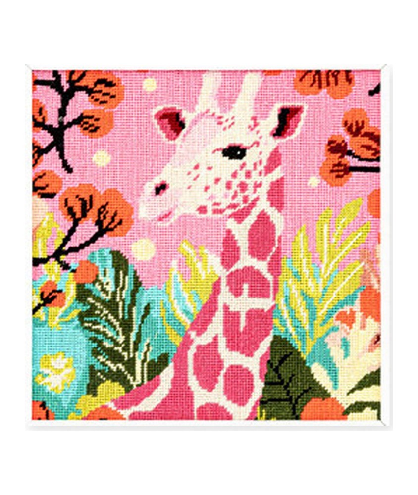 Kit canevas complet avec fils - Girafe pop 30 x 30 cm - canevas encadré sur fond blanc