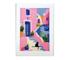 Kit canevas complet avec fils - Escalier méditerranéen 15 x 20 cm - canevas encadré sur fond blanc