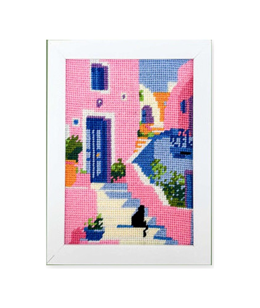 Kit canevas complet avec fils - Escalier méditerranéen 15 x 20 cm - canevas encadré sur fond blanc