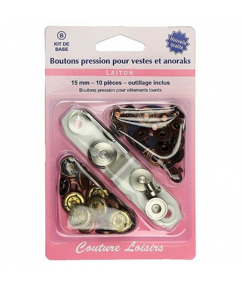 Boutons pression 15mm pour vestes et anoraks avec outillage - nickel, bronze - Distrifil