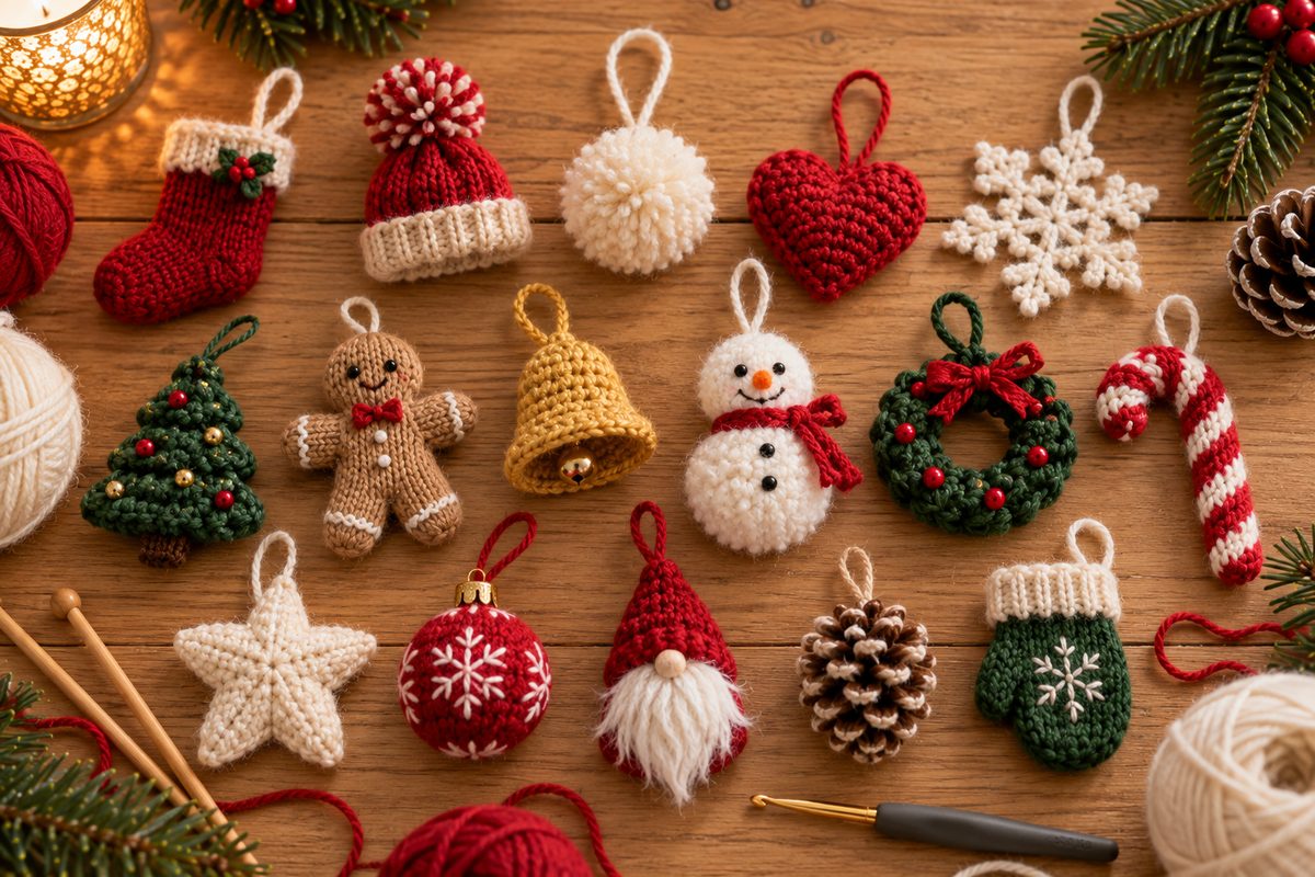 Mini-décorations de Noël tricotées et crochetées disposées comme un calendrier de l'Avent