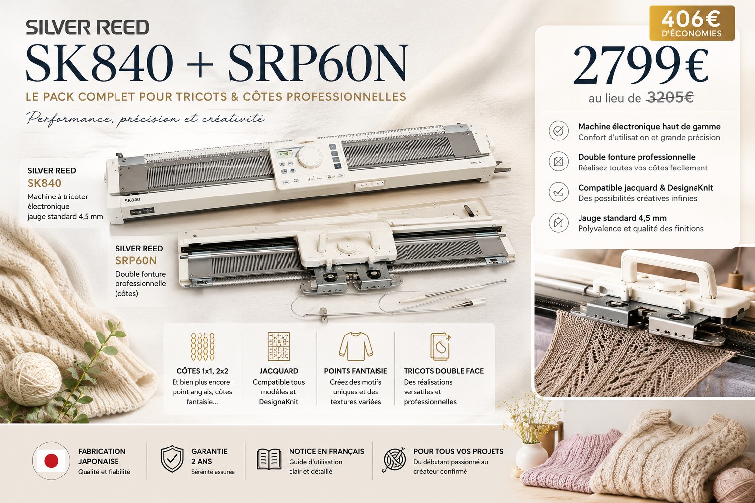 Pack Silver Reed SK840 + SRP60N - Le pack complet pour tricots et côtes professionnelles