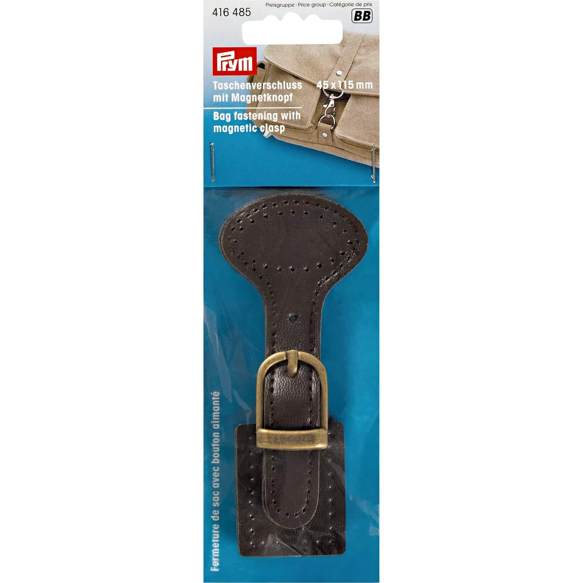 Fermoir magn&eacute;tique Prym pour sac &agrave; main laiton antique brun 45x115mm vue de face